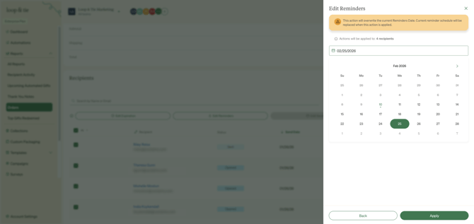 Select a date for the reminder email, and click 'Apply' to save and update for all selected emails.
